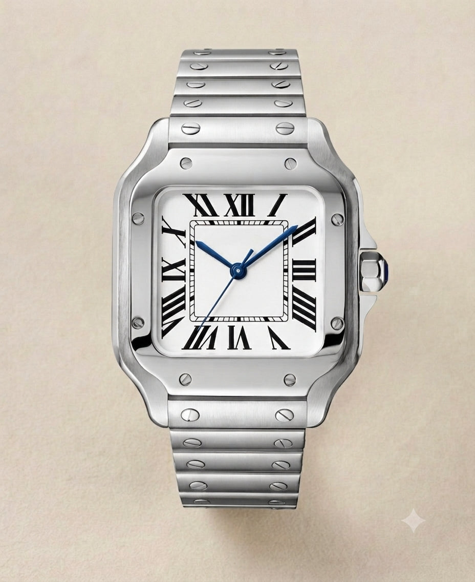 Montre Automatique — Boîtier Carré & Cadran Blanc Épuré