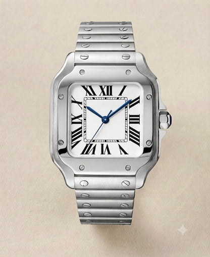 Montre Automatique — Boîtier Carré & Cadran Blanc Épuré