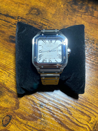 Montre Automatique — Boîtier Carré & Cadran Blanc Épuré