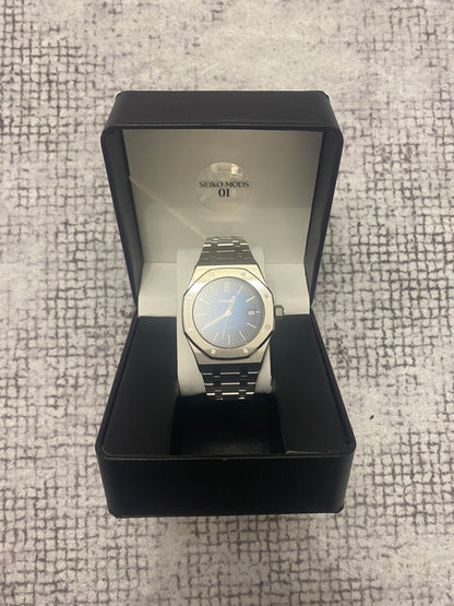 Montre Automatique — Boîtier Octogonal & Cadran Tapisserie Bleu Nuit