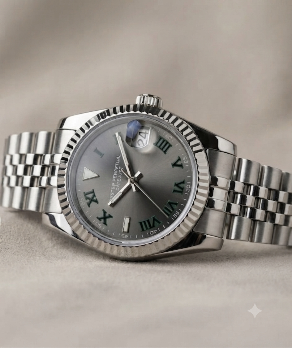Montre Automatique — Cadran Gris & Chiffres Verts