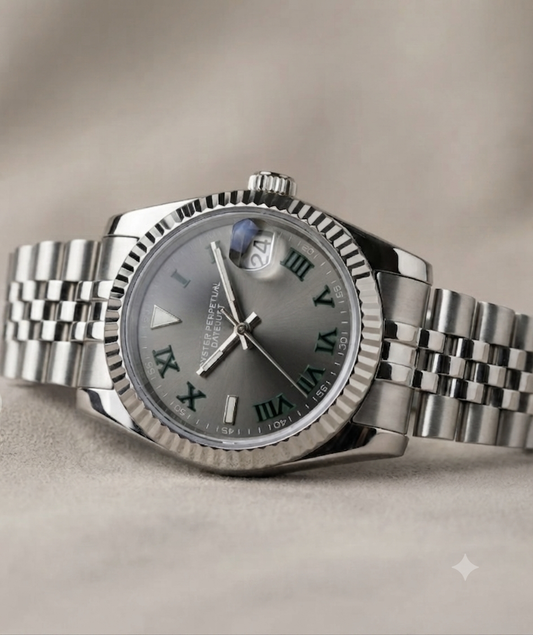 Montre Automatique — Cadran Gris & Chiffres Verts