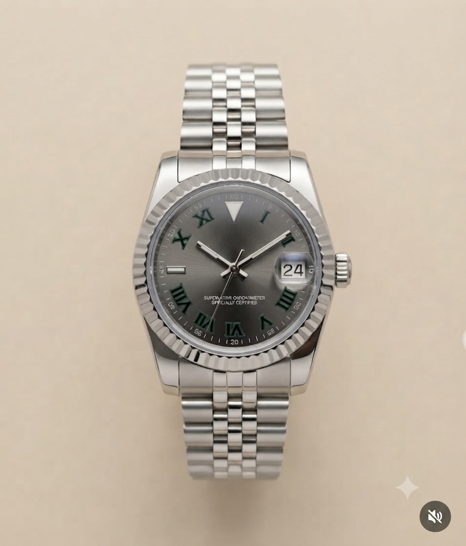 Montre Automatique — Cadran Gris & Chiffres Verts