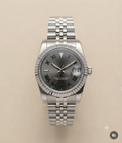 Montre Automatique — Cadran Gris & Chiffres Verts