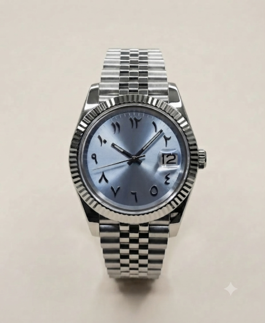 Montre Automatique — Cadran Bleu Glacé & Chiffres Arabiques