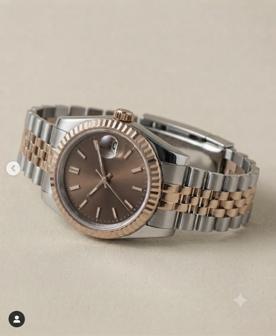 Montre Automatique — Biton Acier & Or Rose Cadran Chocolat