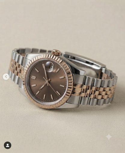 Montre Automatique — Biton Acier & Or Rose Cadran Chocolat