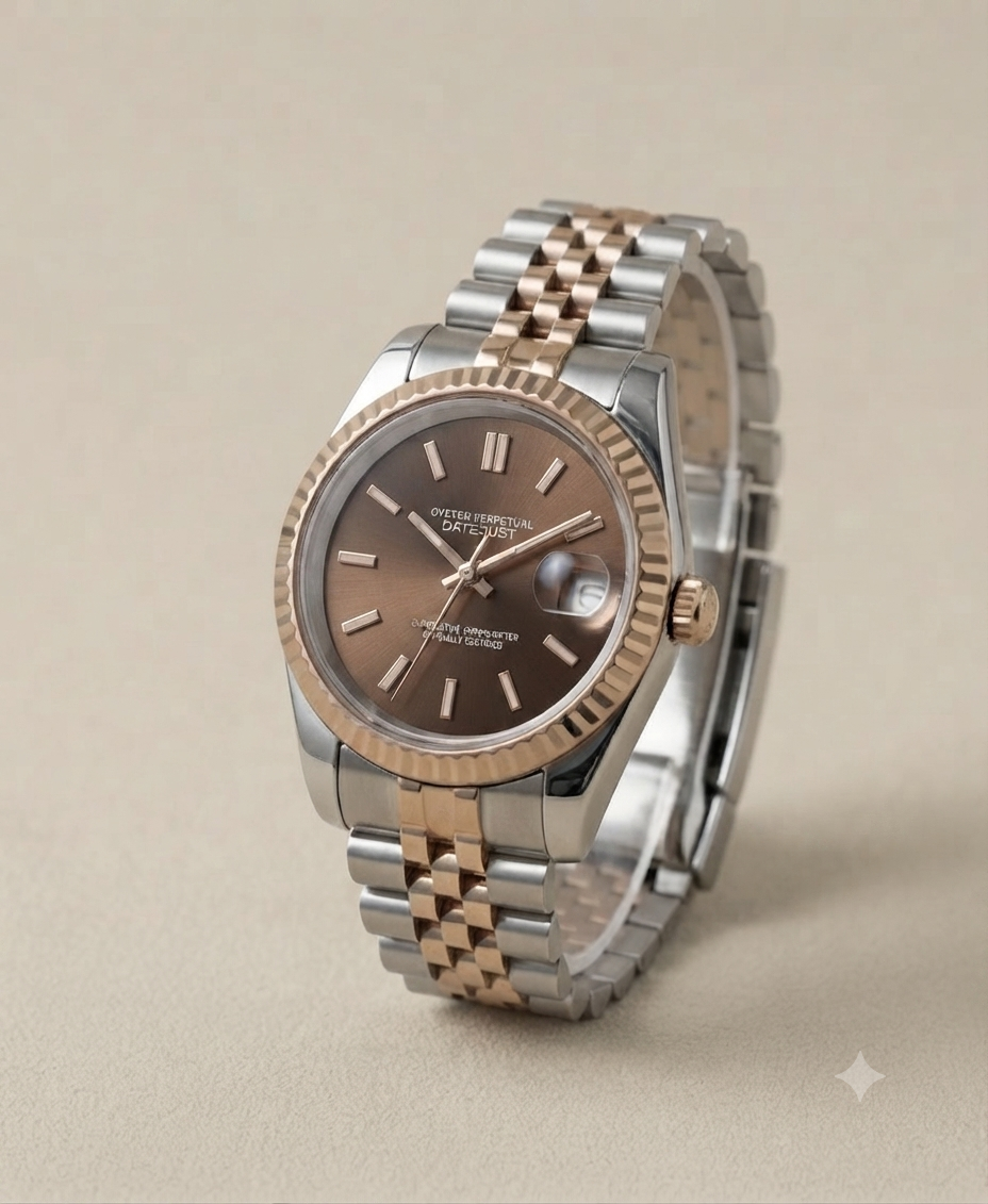 Montre Automatique — Biton Acier & Or Rose Cadran Chocolat