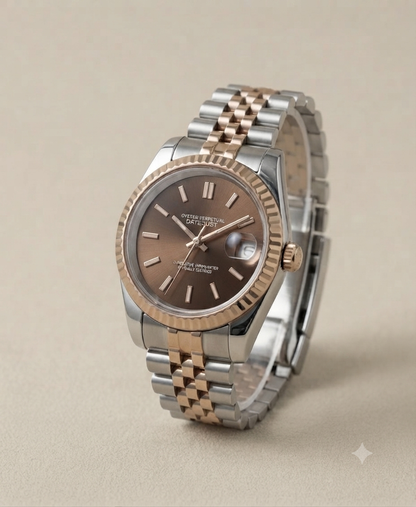 Montre Automatique — Biton Acier & Or Rose Cadran Chocolat