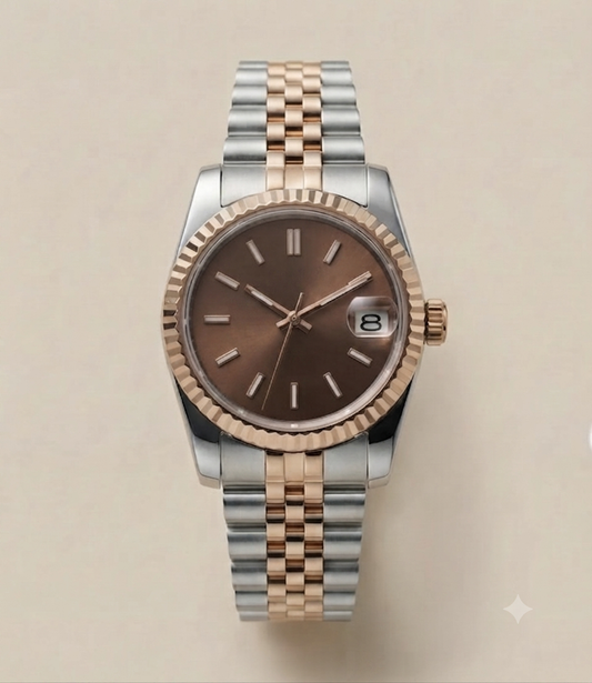Montre Automatique — Biton Acier & Or Rose Cadran Chocolat