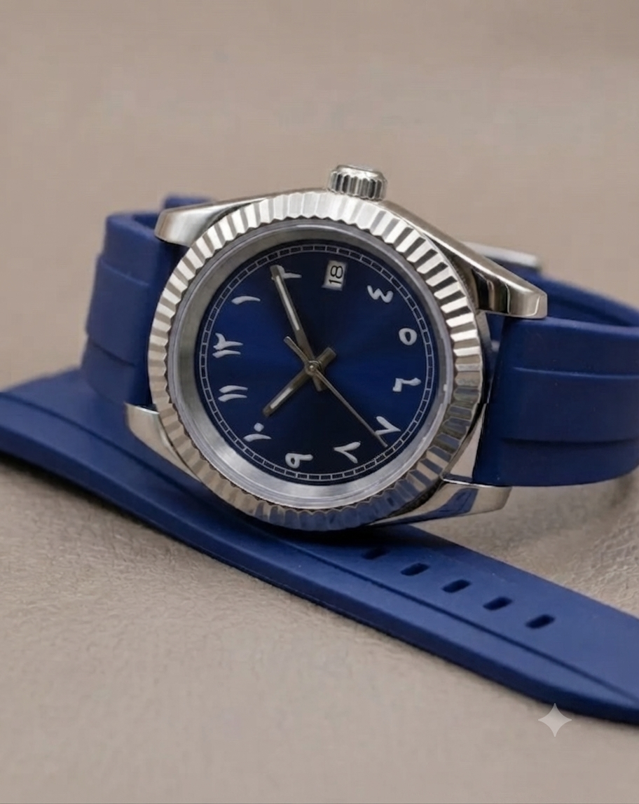 Montre Automatique — Cadran Bleu Chiffres Arabiques & Bracelet Silicone
