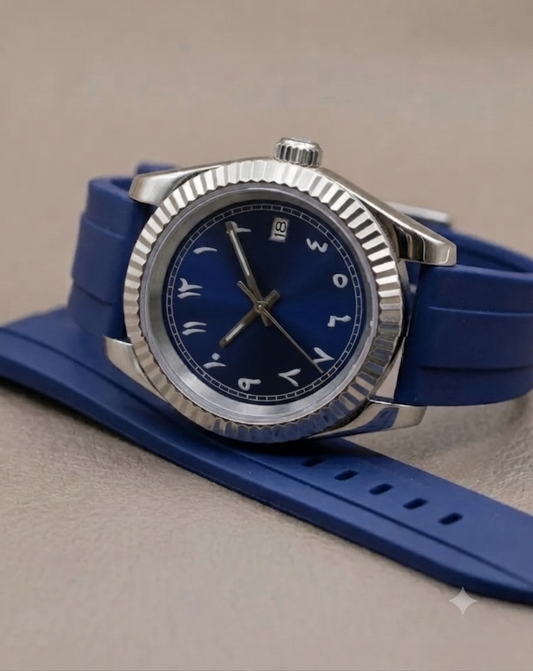 Montre Automatique — Cadran Bleu Chiffres Arabiques & Bracelet Silicone
