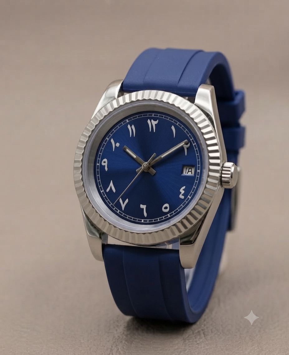 Montre Automatique — Cadran Bleu Chiffres Arabiques & Bracelet Silicone