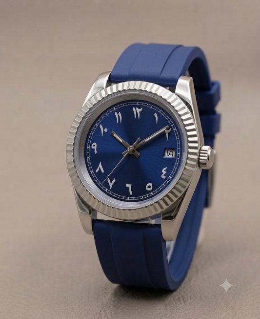 Montre Automatique — Cadran Bleu Chiffres Arabiques & Bracelet Silicone