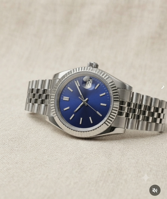 Montre Automatique — Cadran Bleu Profond & Lunette Cannelée