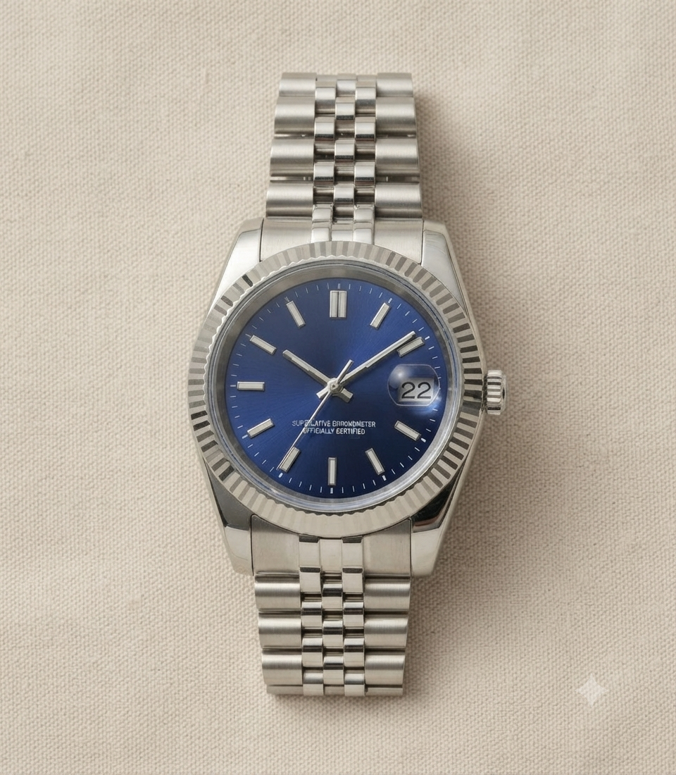Montre Automatique — Cadran Bleu Profond & Lunette Cannelée