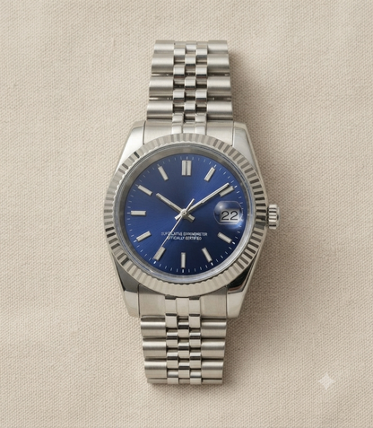 Montre Automatique — Cadran Bleu Profond & Lunette Cannelée