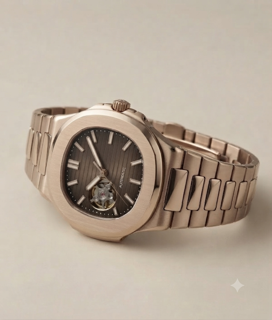 Montre Automatique — Boîtier Cusson Or Rose & Cœur Ouvert