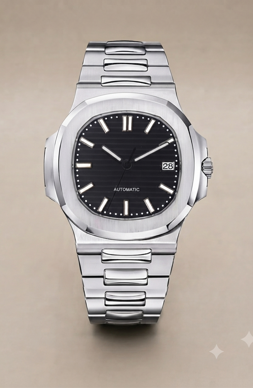 Montre Automatique — Boîtier Coussin & Cadran Noir Strié