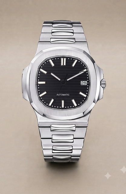 Montre Automatique — Boîtier Coussin & Cadran Noir Strié