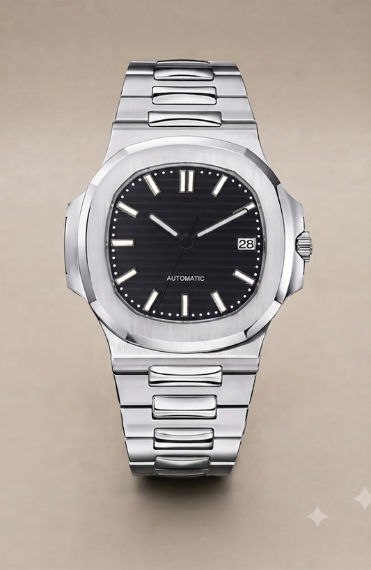 Montre Automatique — Boîtier Coussin & Cadran Noir Strié