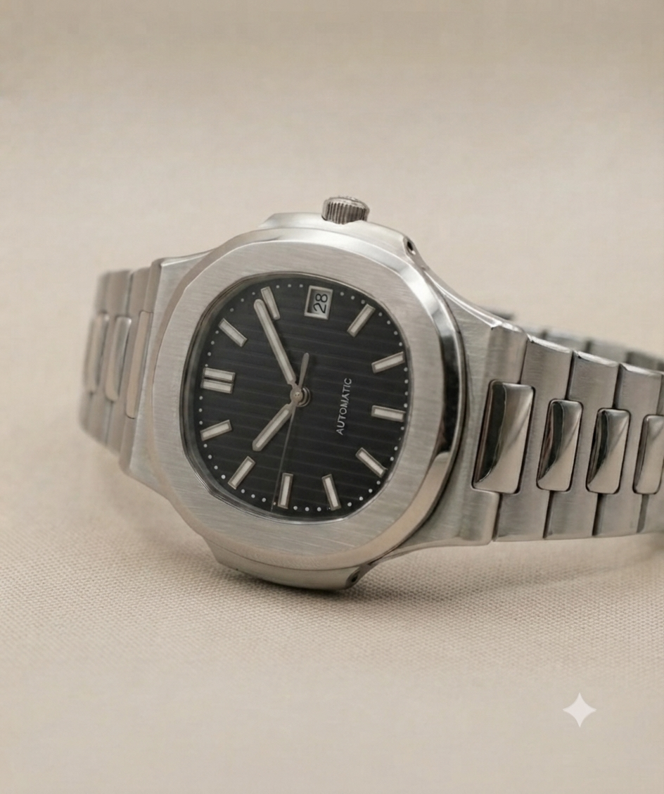 Montre Automatique — Boîtier Coussin & Cadran Noir Strié