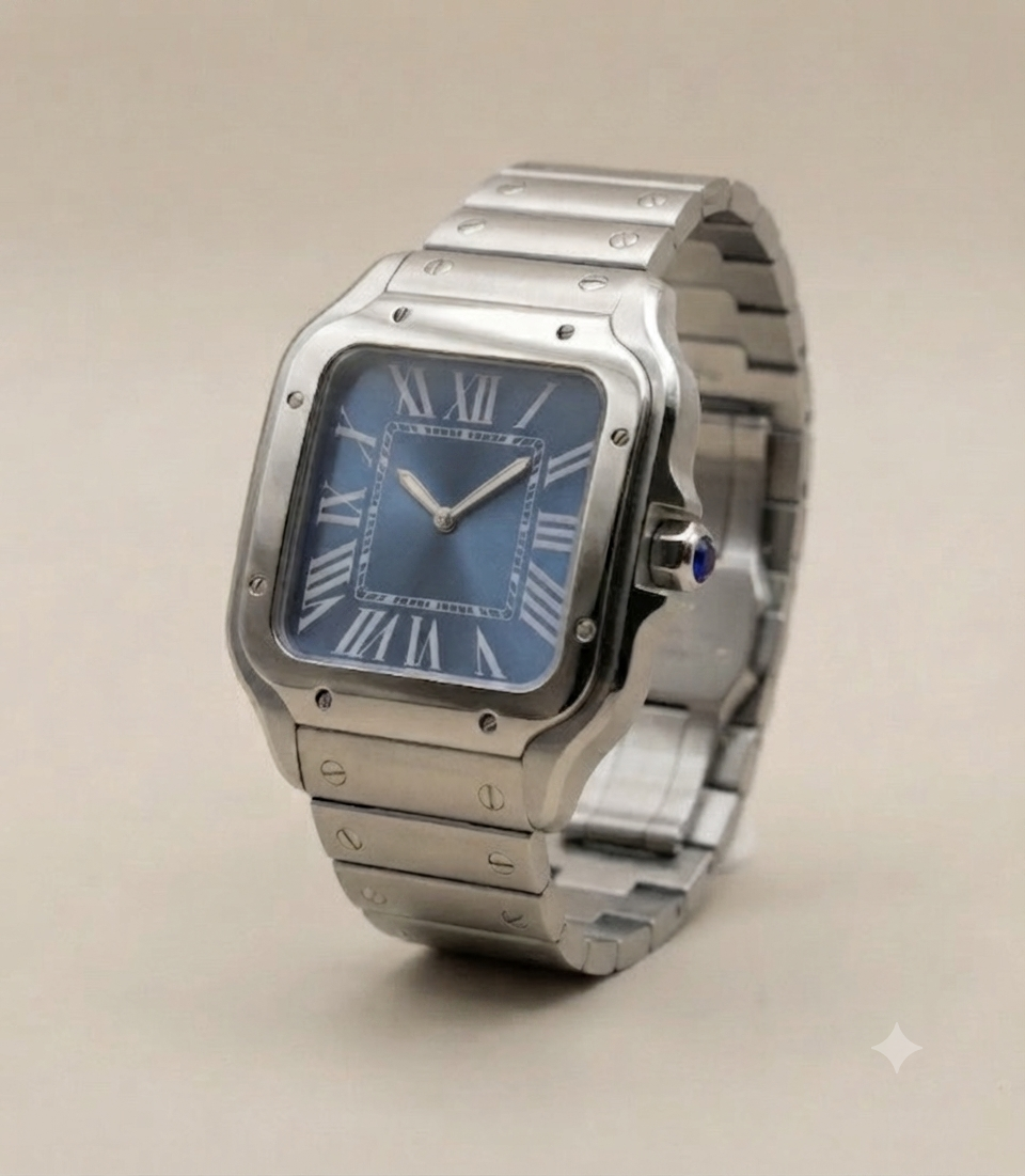 Montre Automatique — Boîtier Carré & Cadran Bleu Soleillé