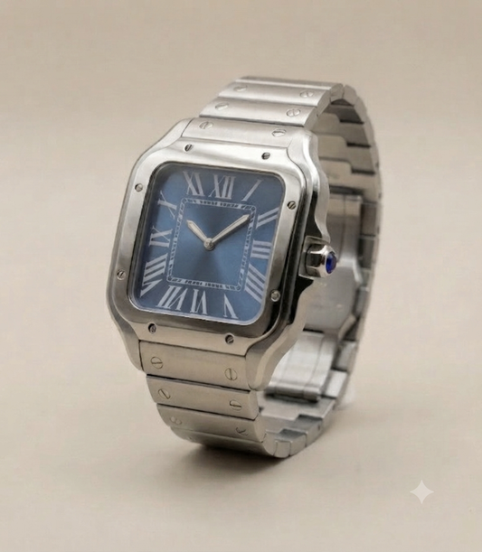 Montre Automatique — Boîtier Carré & Cadran Bleu Soleillé