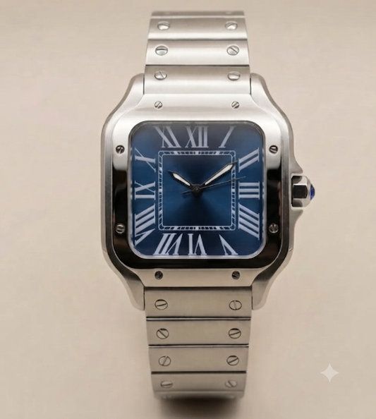 Montre Automatique — Boîtier Carré & Cadran Bleu Soleillé