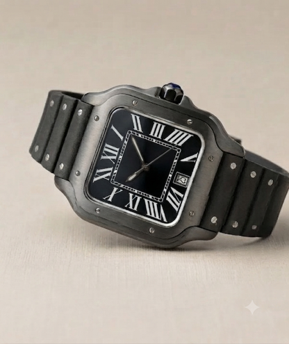 Montre Automatique — Boîtier Carré Noir Titane & Bracelet Silicone