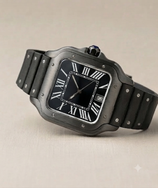 Montre Automatique — Boîtier Carré Noir Titane & Bracelet Silicone