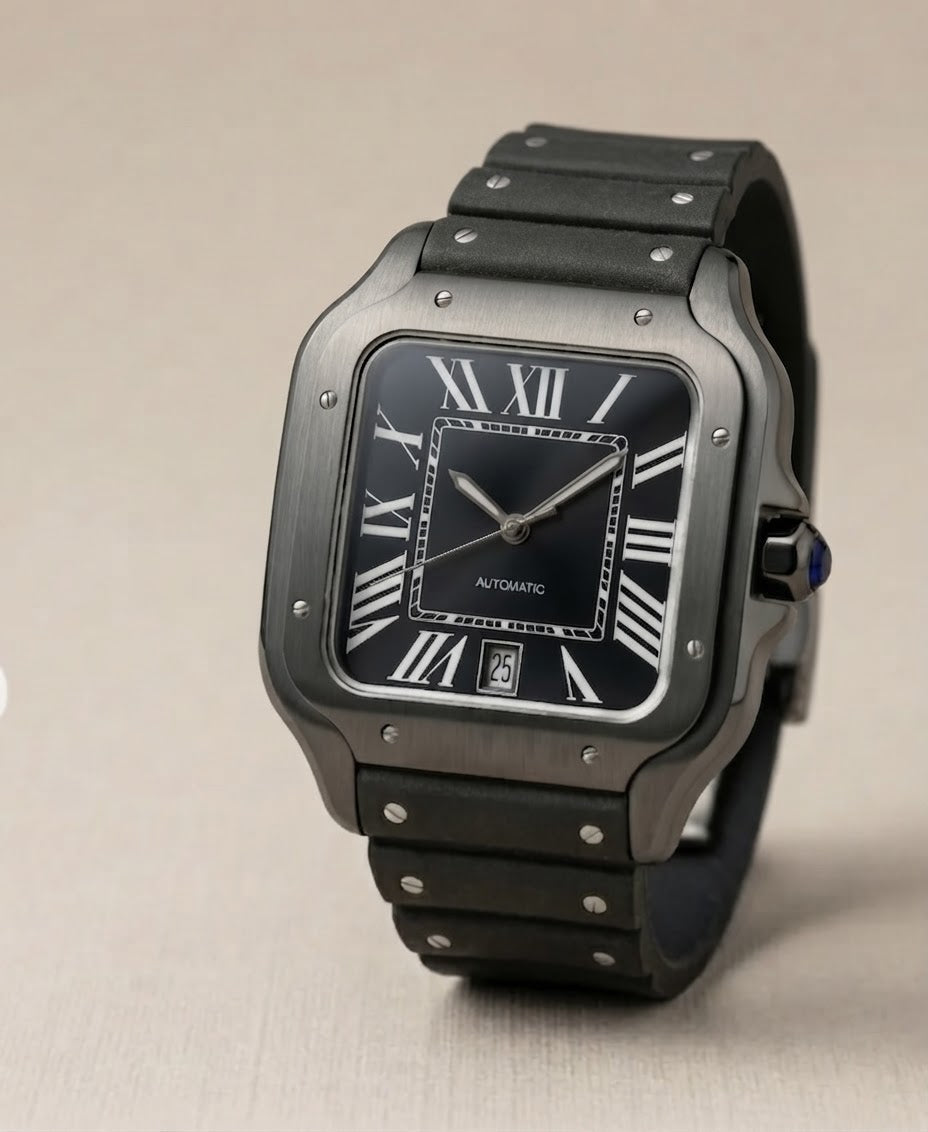 Montre Automatique — Boîtier Carré Noir Titane & Bracelet Silicone