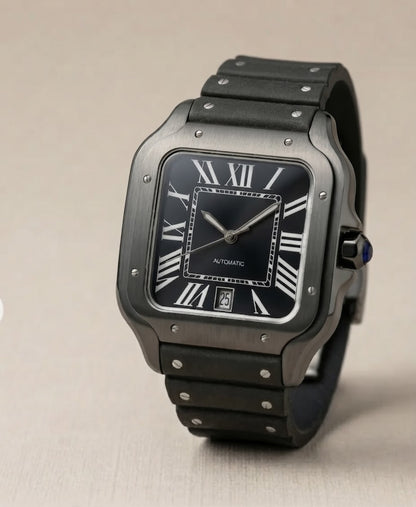 Montre Automatique — Boîtier Carré Noir Titane & Bracelet Silicone