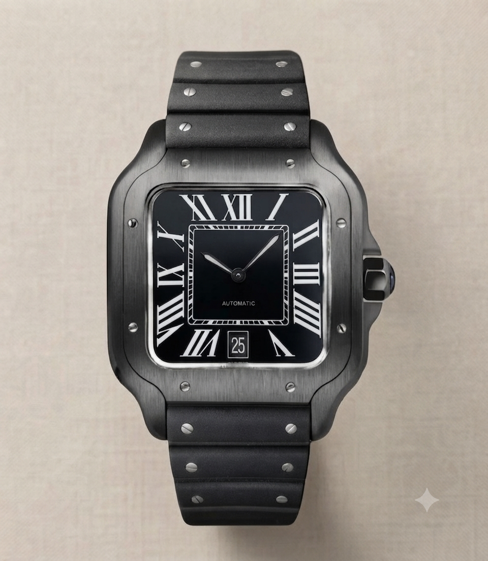 Montre Automatique — Boîtier Carré Noir Titane & Bracelet Silicone
