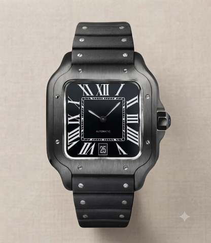 Montre Automatique — Boîtier Carré Noir Titane & Bracelet Silicone
