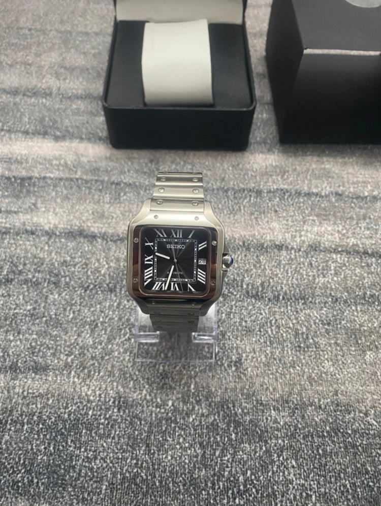 Montre Automatique — Boîtier Carré & Cadran Noir Intense