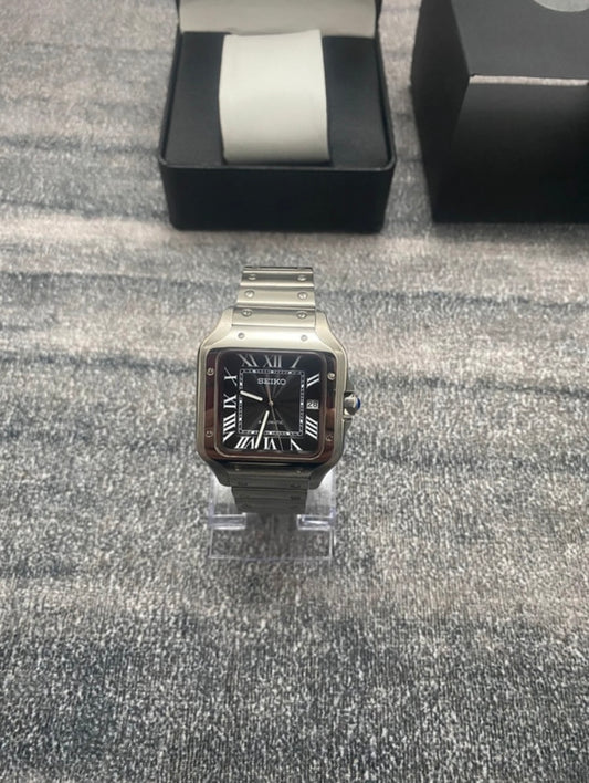 Montre Automatique — Boîtier Carré & Cadran Noir Intense