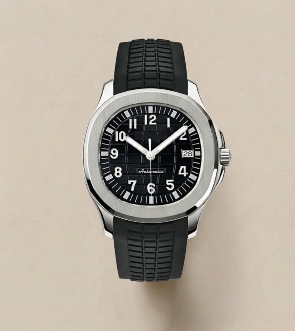 Montre Automatique — Boîtier Forme Coussin & Bracelet Silicone Noir