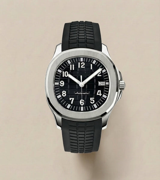 Montre Automatique — Boîtier Forme Coussin & Bracelet Silicone Noir