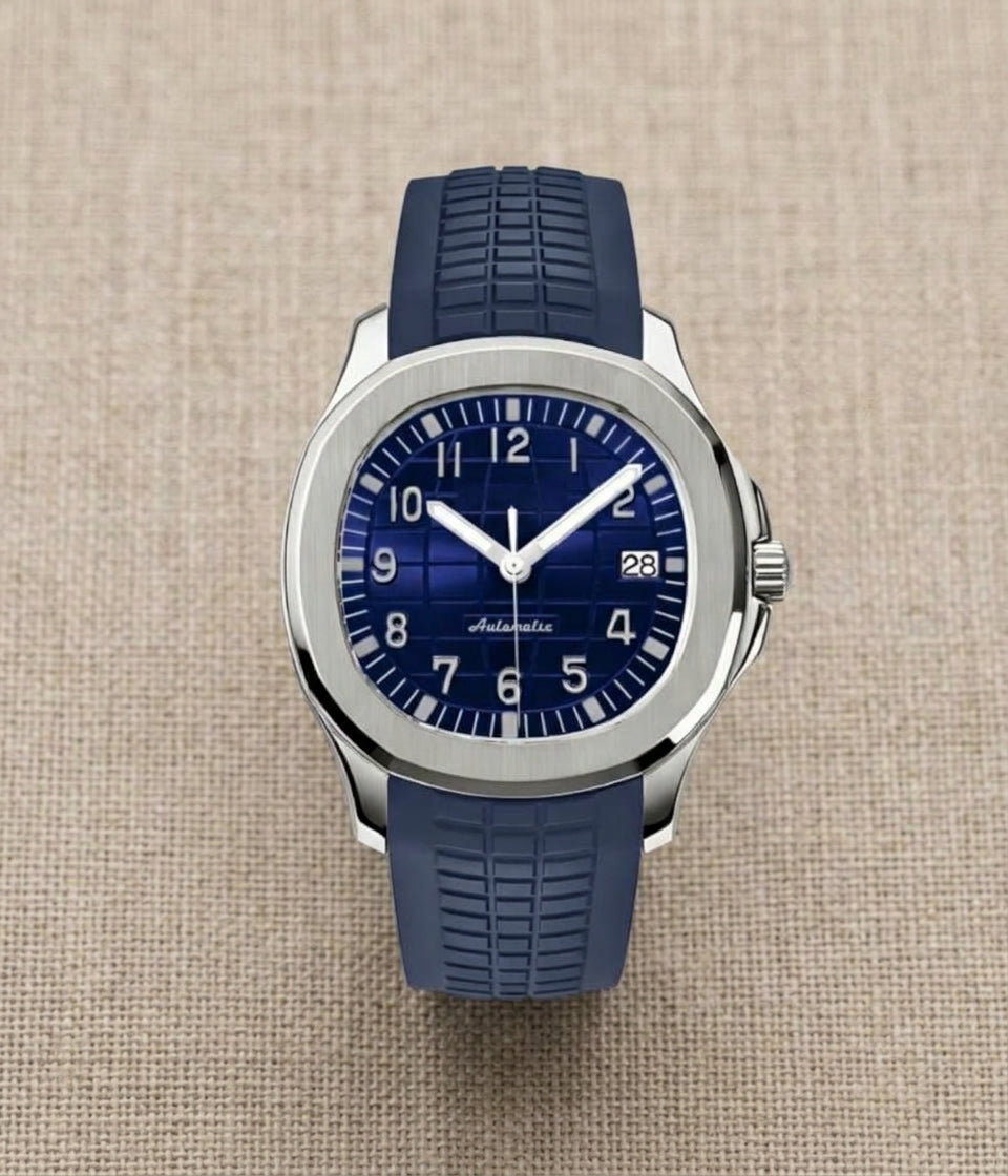 Montre Automatique — Cadran Bleu Nuit & Bracelet Silicone