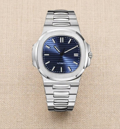 Montre Automatique — Boîtier Octogonal & Cadran Bleu Nuit