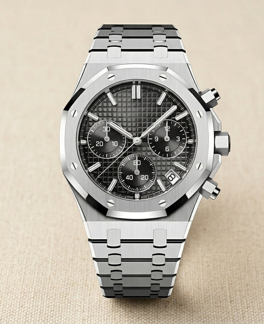Montre Quartz — Boîtier Octogonal & Cadran Chrono Gris