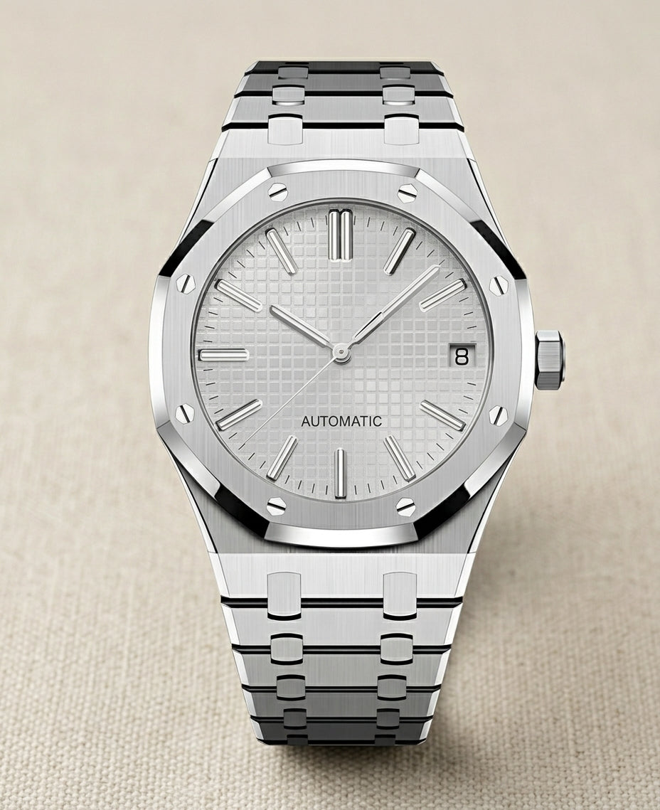 Montre Automatique — Boîtier Octogonal & Cadran Argenté
