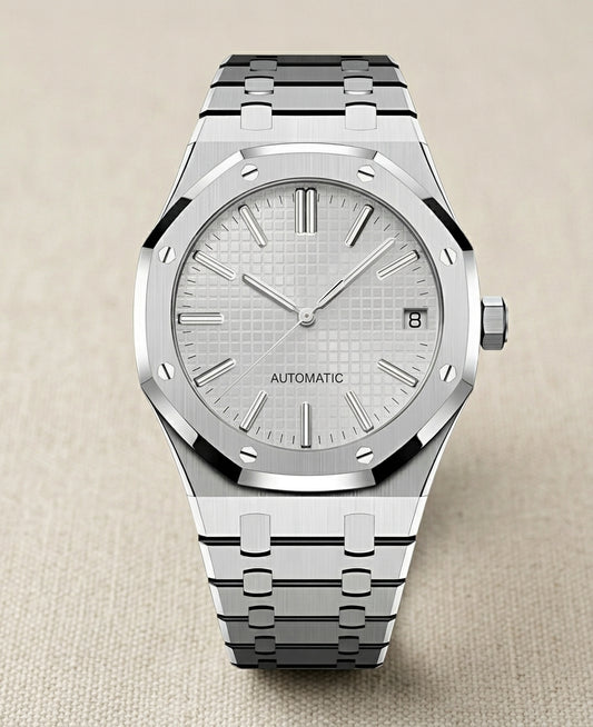 Montre Automatique — Boîtier Octogonal & Cadran Argenté