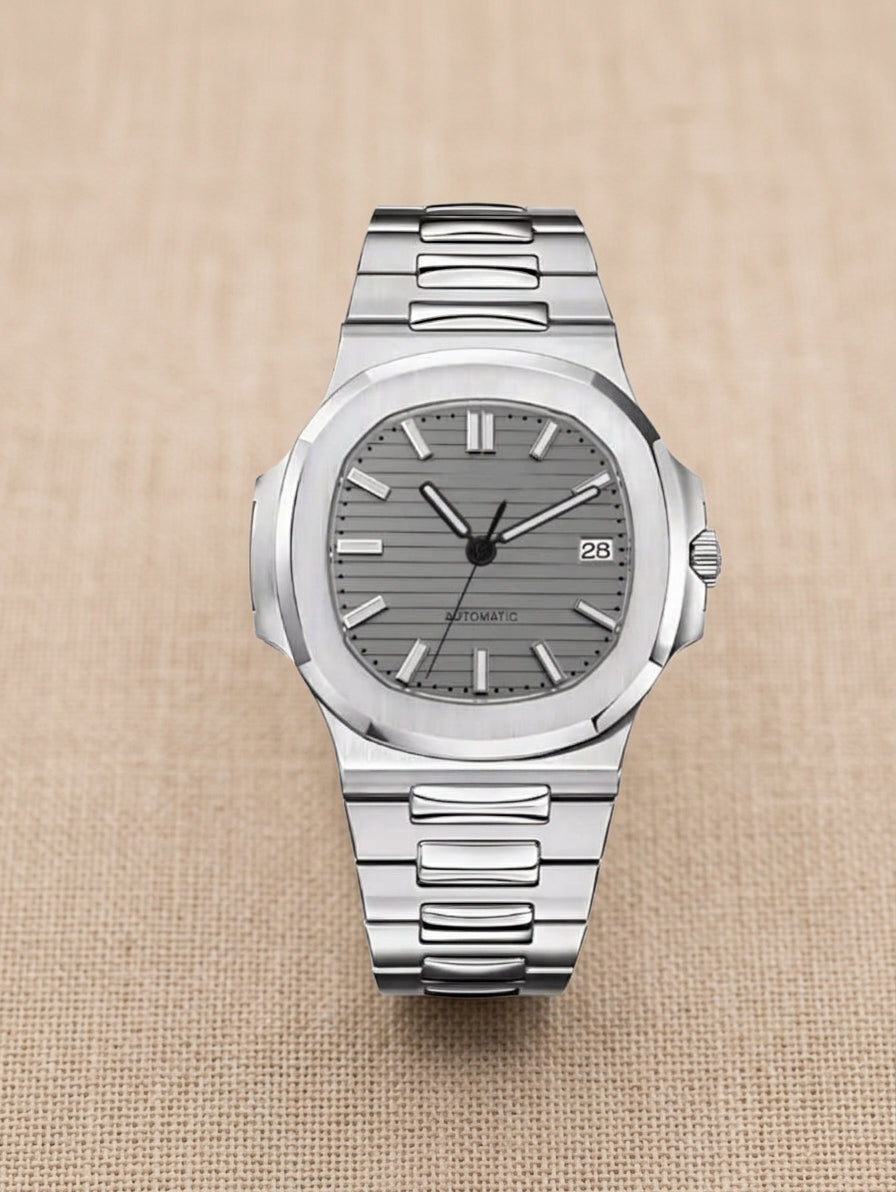 Montre Automatique — Boîtier Octogonal & Cadran Gris Strié