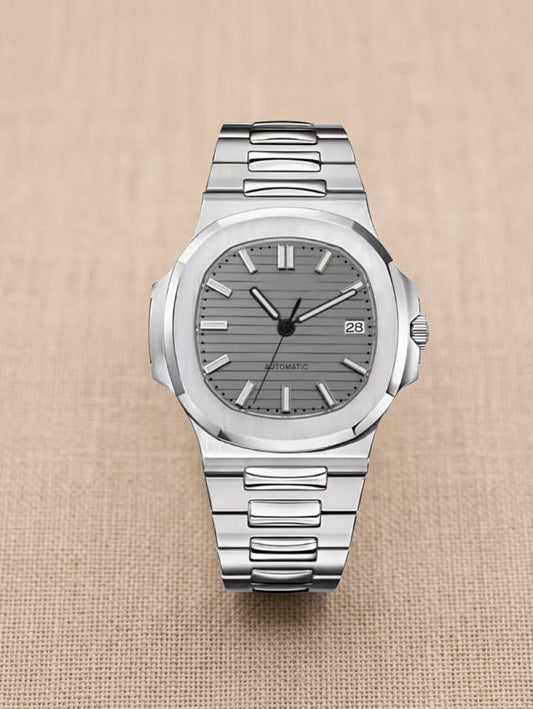 Montre Automatique — Boîtier Octogonal & Cadran Gris Strié