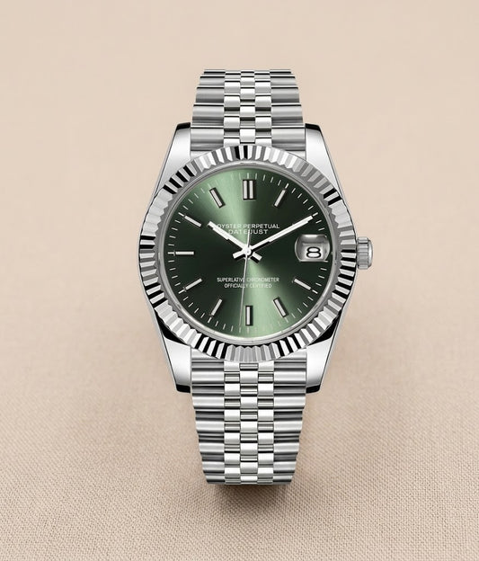Montre Automatique — Cadran Vert Olive & Lunette Cannelée