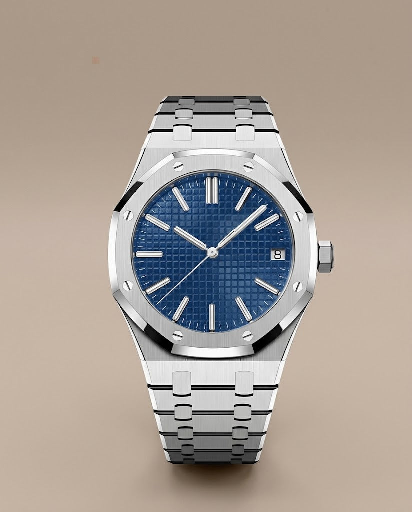 Montre Automatique — Boîtier Octogonal & Cadran Tapisserie Bleu Nuit