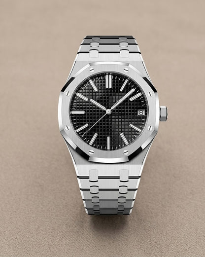 Montre Automatique — Boîtier Octogonal & Cadran Tapisserie Noir