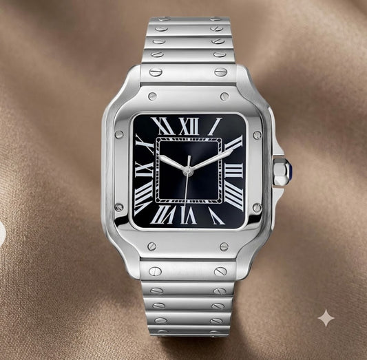 Montre Automatique — Boîtier Carré & Cadran Noir Intense